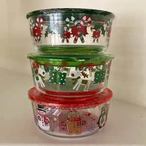 Temptations Holiday Glass Bowls with Vented Lids - Set of 3 - Brand New